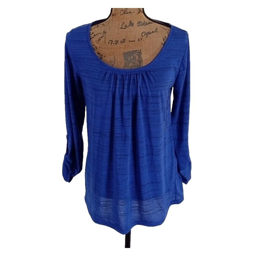 NWT Ann Taylor Top MED Blue Black Heather Stripe 3/4 Roll Tab Blouse Stretch